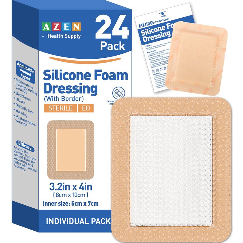 AZEN 24 Pack Silicone Foam Dressing, 3.2" X 4" Waterproof Silicone Bandages with Border Adhesive, Large Bandages for Wounds, Self Adhesive Wound Care and Dressings
