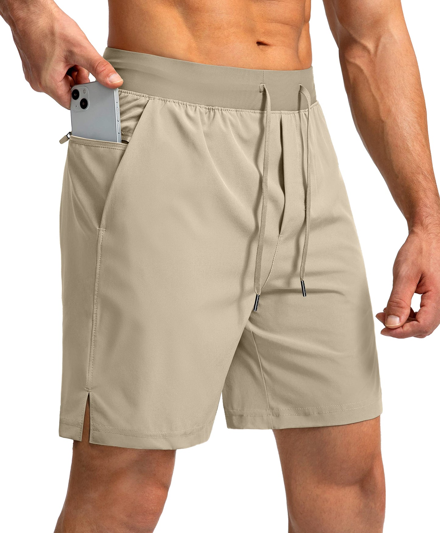 Soothfeel Men's Running Shorts with Zipper Pockets 7 Inch Lightweight Quick Dry Gym Athletic Workout Shorts for Men (Khaki, XS)