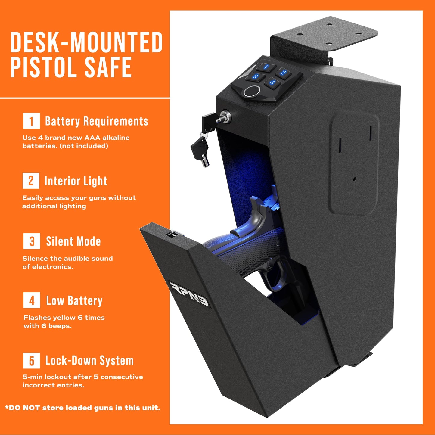 RPNB Mounted Gun Safe with Auto Open Lid Biometric Fingerprint Lock, California DOJ Certified Handgun Safe