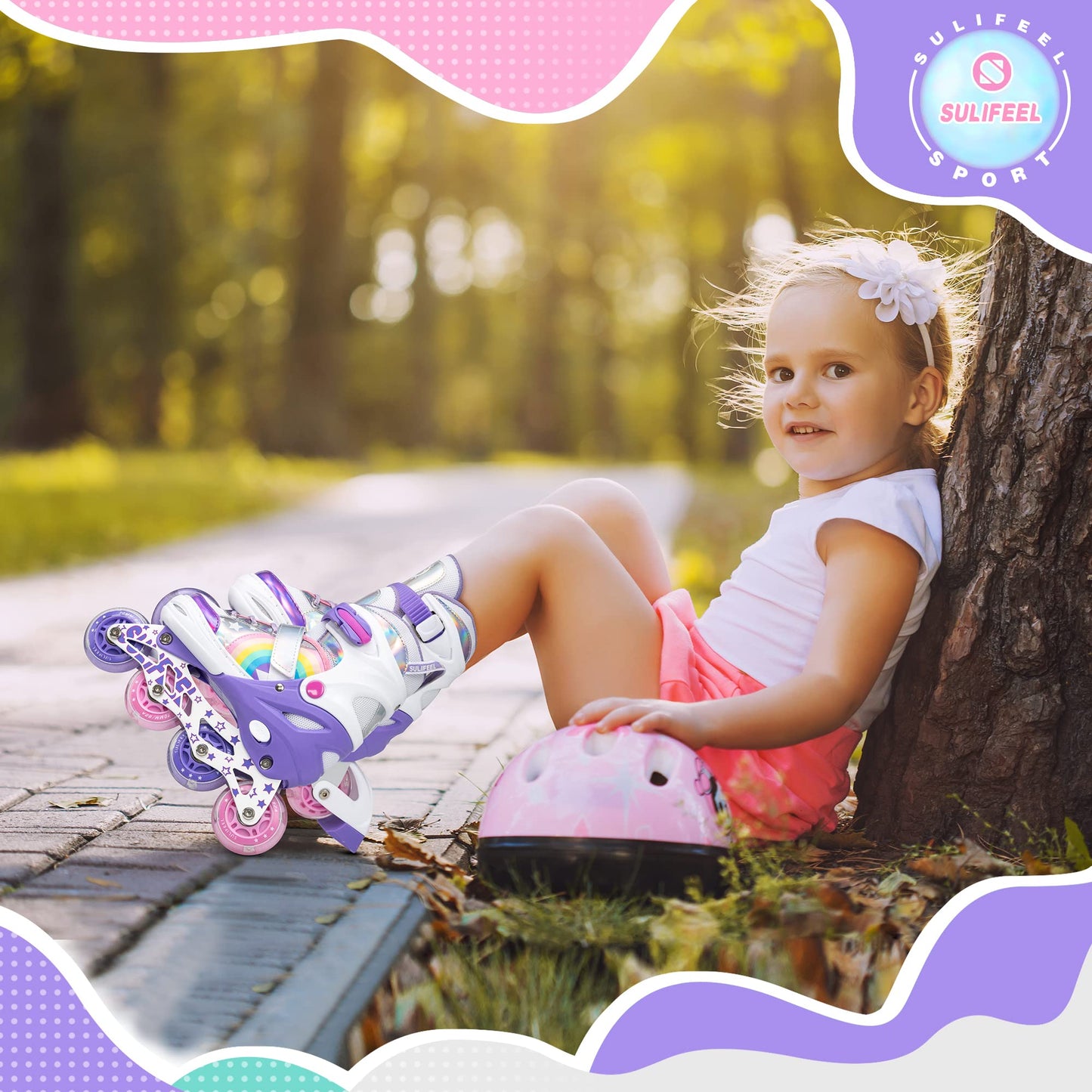 SULIFEEL Rainbow Unicorn Adjustable Inline Skates for Girls Boys and Kids with All Illuminating PU Wheels for Outdoor and Indoor Beginner Skates Purple Medium