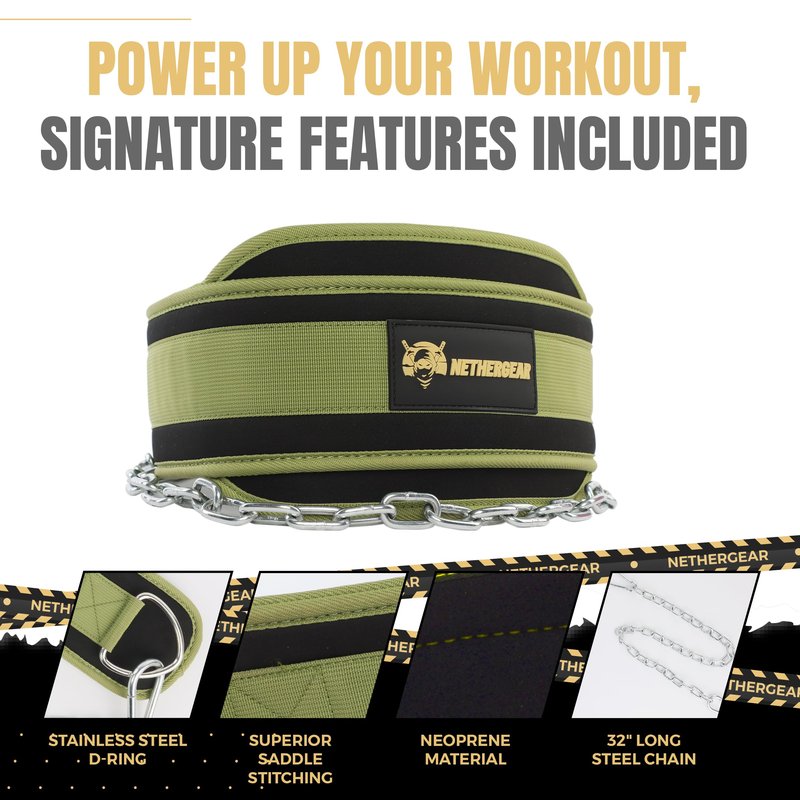 Nethergear Dip Belt for Weight Lifting with 36” Heavy-Duty Steel Chain, Comfortable Neoprene & Strong Stitching, Weighted Belt Ideal for Bodybuilding, Powerlifting, Pull Ups & Squats (Green)
