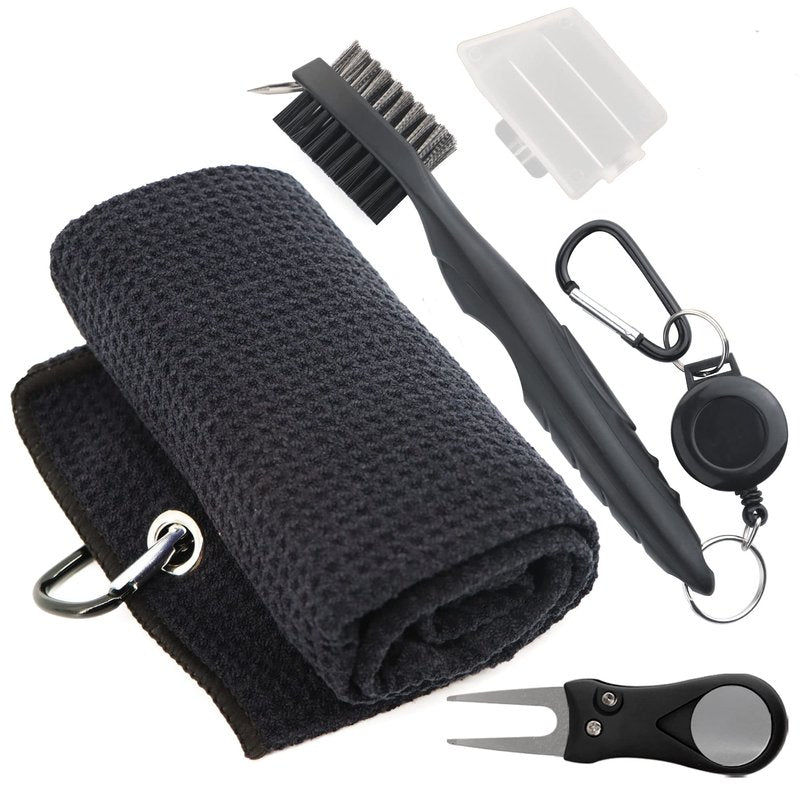 Golf Accessories Kit - Microfiber Waffle Pattern Golf Towel with Clip, Club Brush Groove Cleaner & Clip, Divot Tool with Marker - For Men & Women