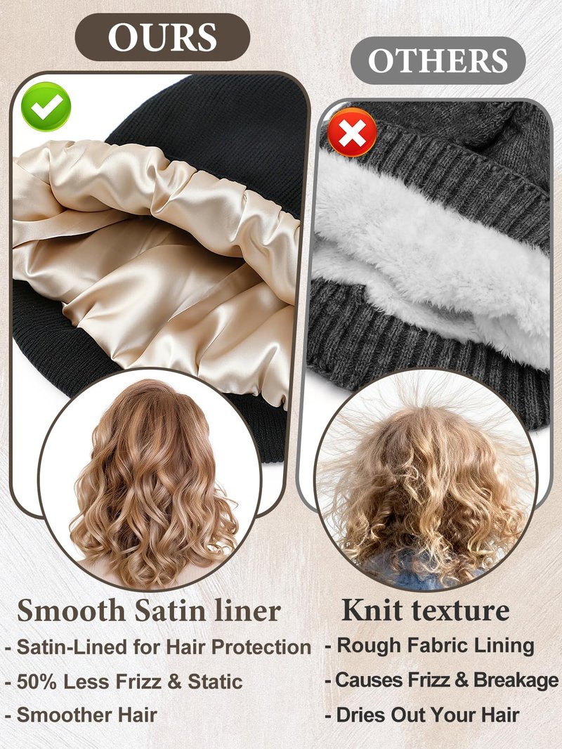 Satin Lined Beanie Scarf and Gloves Set for Women - Hair Protection, Winter Accessories Gifts for Wife Her, Black