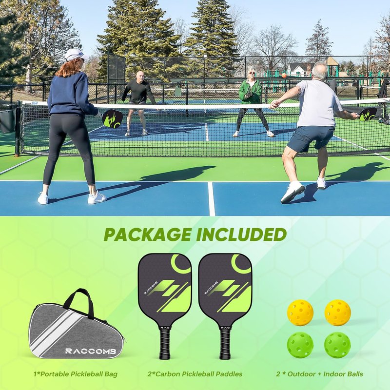Carbon Fiber Pickleball Paddles - Graphite Pickleball Paddles Set of 2, Polymer Honeycomb Core, 4 Pickleballs, Anti-Slip Sweat-Absorbing Grip, Professioner Paddle Ball Set for Pickleball Players