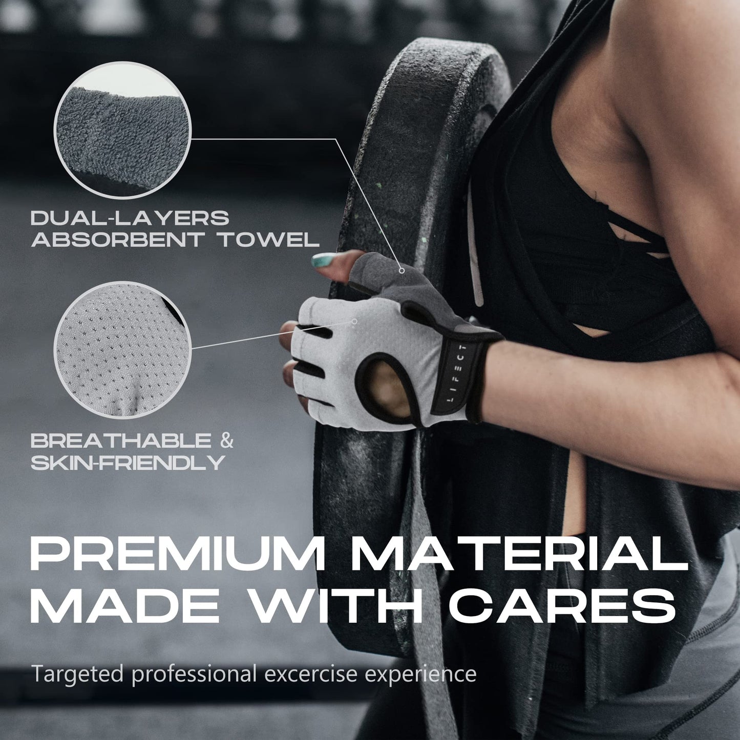 LIFECT Breathable Workout Gloves, Knuckle Weight Lifting Fingerless Gym Exercise Gloves with Curved Open Back, for Powerlifting, Crossfit, Women and Men (Grey, Medium)