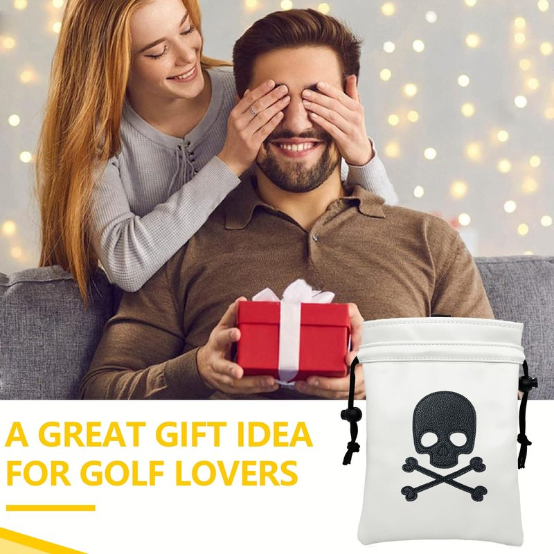 Skull Golf Valuables Pouch Bag with Drawstrings - Premium Faux Leather Tee Pouch Accessorries for Men, White Ball Bag
