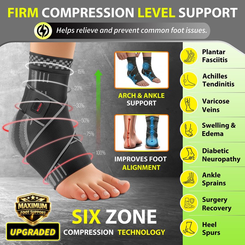 BLITZU Ankle Brace for Women, Men, Plantar Fasciitis Relief, Achilles Tendonitis Brace for Sprained Foot, Ankle Compression Sleeve with Strap Black M