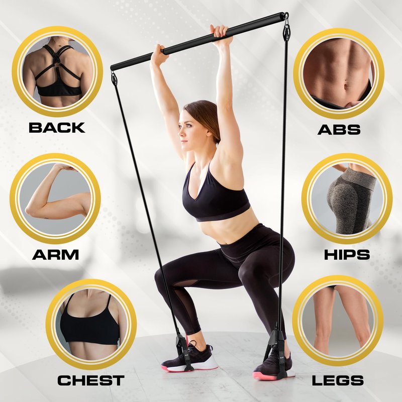 Pilates Bar Kit with Resistance Bands for Women & Men(30,40,50 Lbs), Pilate Bar with Non-Slip Foot Belts, 3-Section Pilates Bar Workout Equipment for Legs, Hip, Waist and Arm