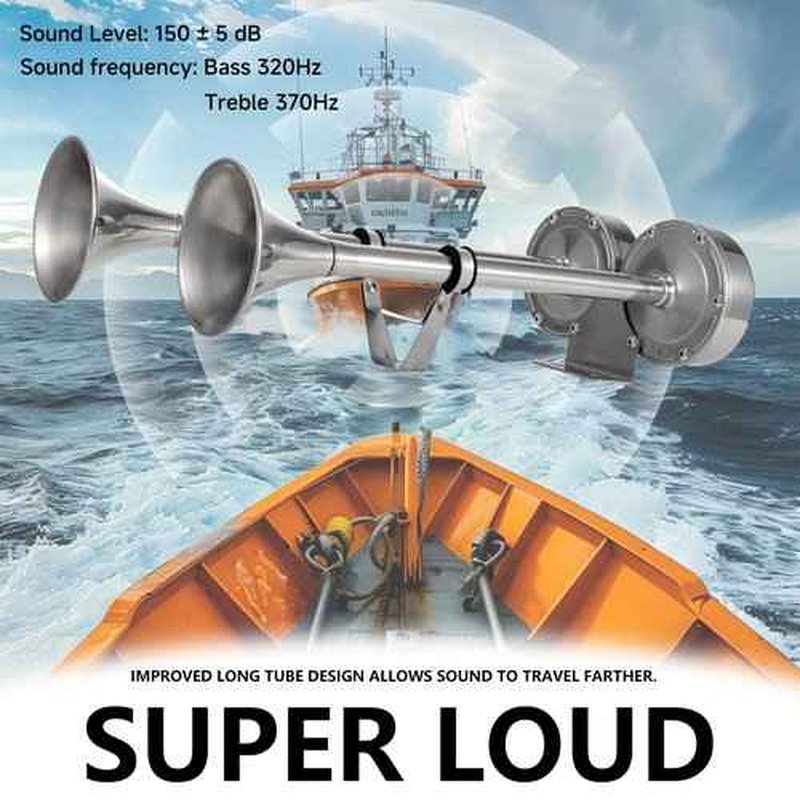 AOLIHAN 150db Boat Horn Deluxe: 12V Dual Horn Trumpet Upgrade - Polished Stainless Steel Marine Horns with Low & High Tones, Featuring Adjustable Horn Support（Upgraded Pair of Horns）