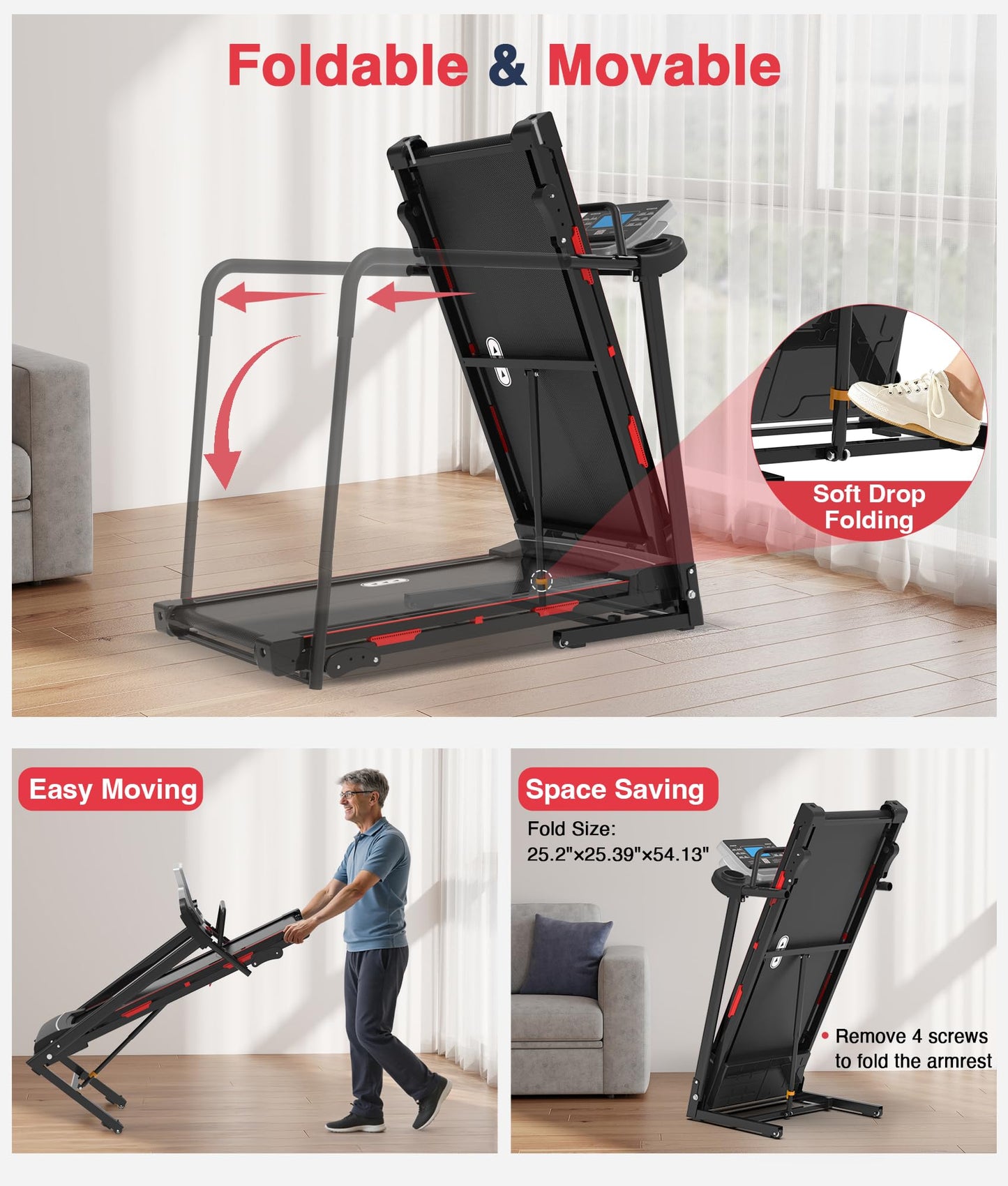 Redliro Walking Treadmill for Seniors Foldable - 400 Lb Capacity Senior Treadmill with Front & Long Handrails, 0%-2% Incline Home Recovery Fitness Exercise Machine for Elder, 47.6" Long Belt, APP