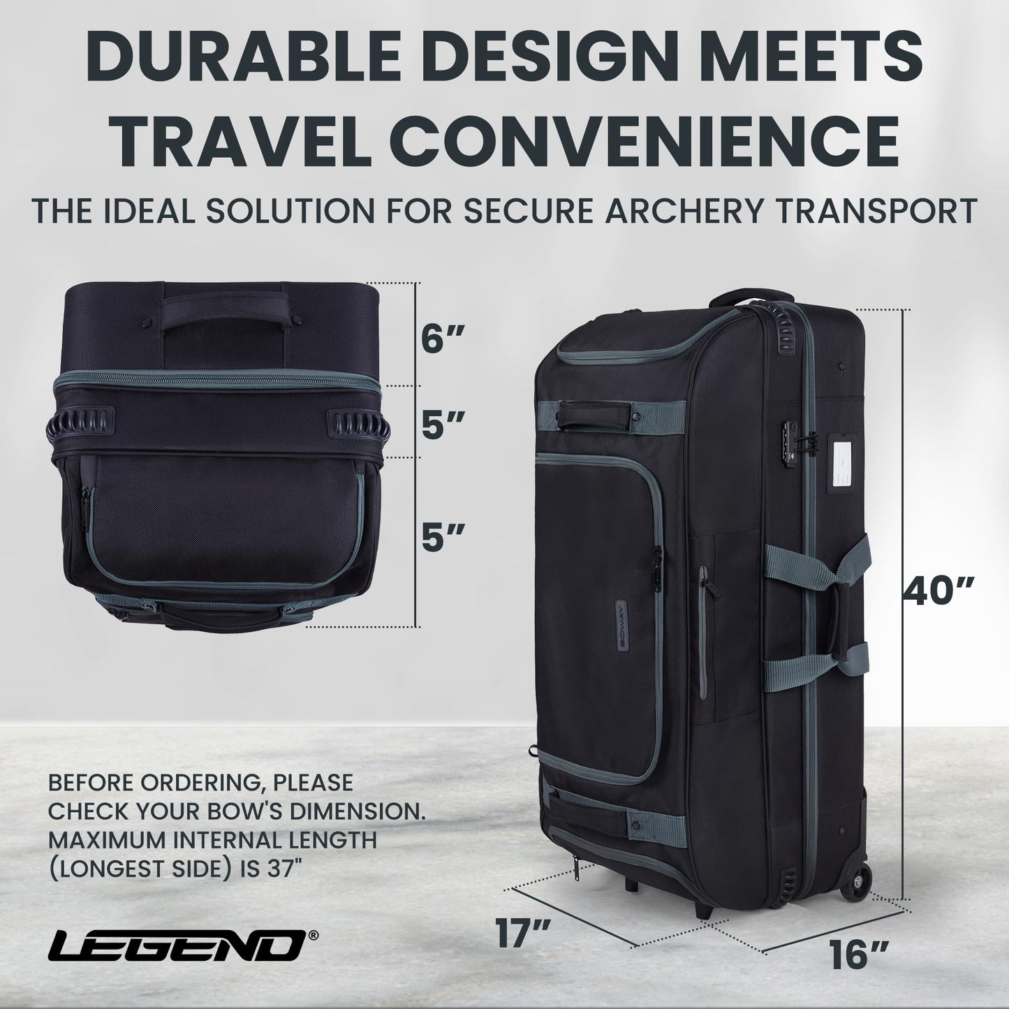 Legend Boway Roller Bow Case for Compound Bow - Durable Compound Bow Cases with Wheels, Multiple Compartments & Pockets, Padding & Fastening Straps, Airline Approved Bow Case for Travel with TSA Lock