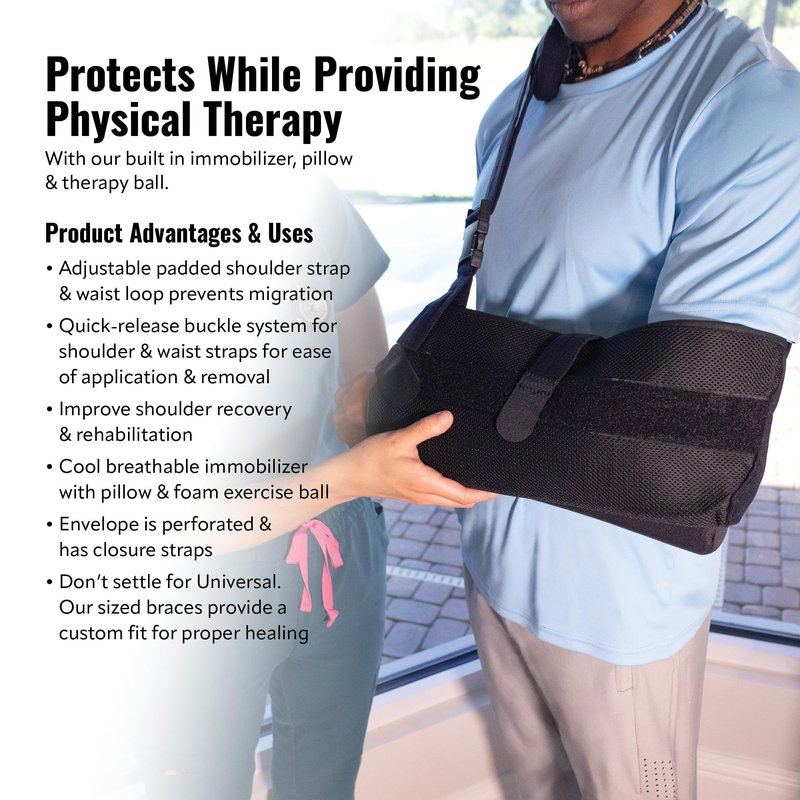 Braceapedia PerfectFit Arm Abduction Shoulder Sling - Arm Sling Shoulder Immobilizer with 15 Degree Pillow & Exercise Ball - Support for Rotator Cuff Injury & Surgery - Black, Large