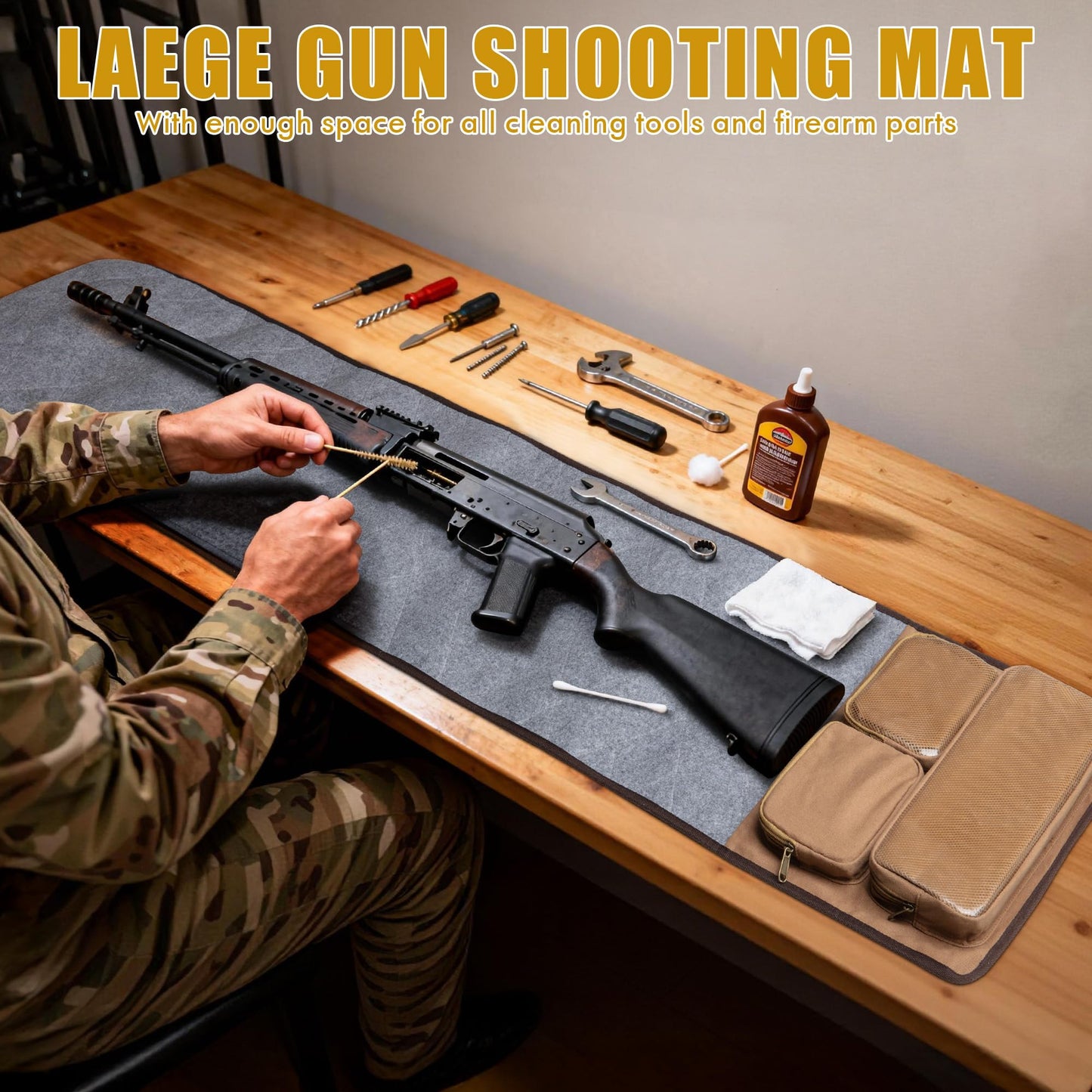 GOBUROS Large Gun Cleaning Mat for All Guns, Roll Up Rifle Cleaning Pad with PVC Accessory Organizer for Shotgun Handgun Pistols, Portable Canvas Gun Clean Mat with Shoulder Strap Khaki