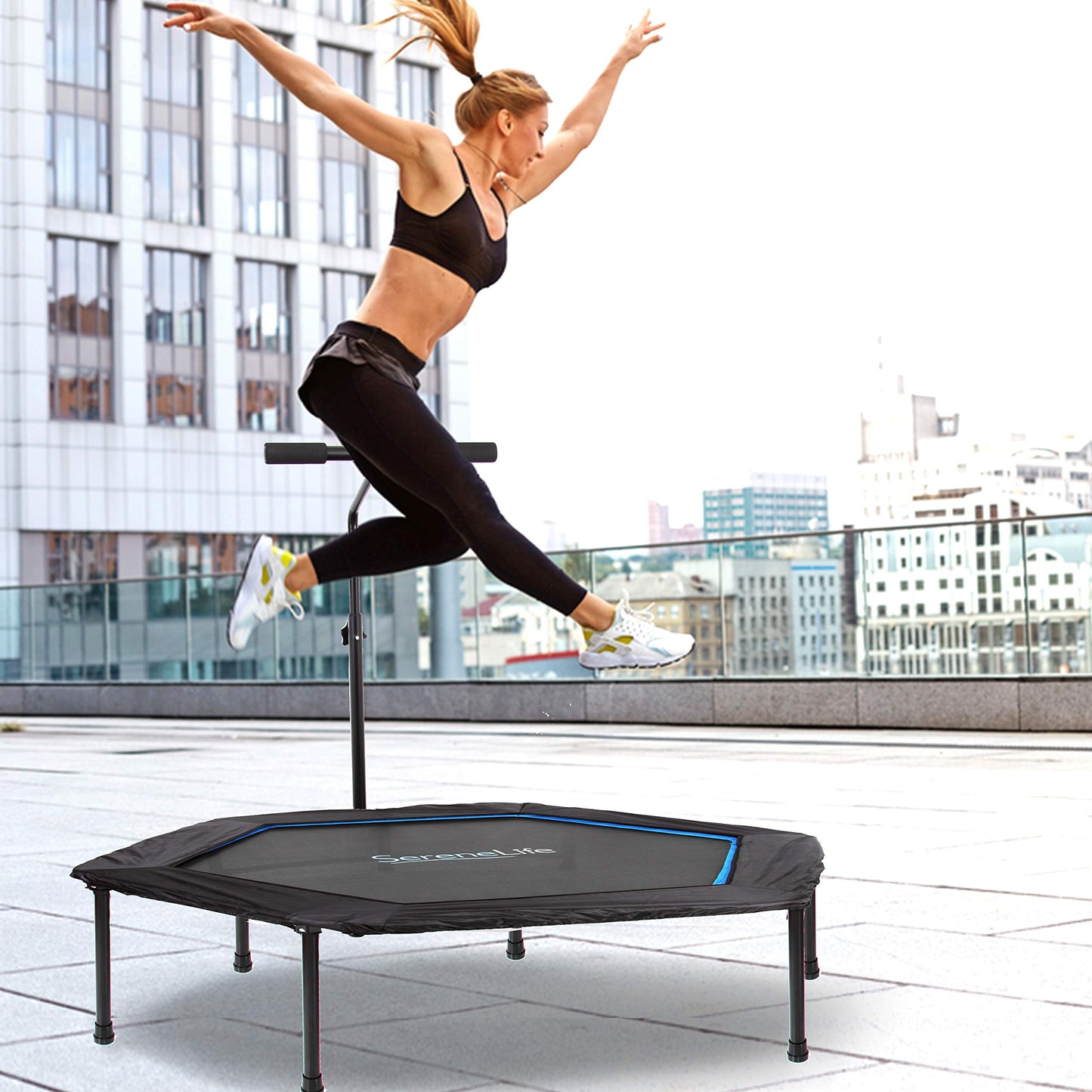 Fitness Exercise Rebounder Mini Trampoline - 48" Inch Hexagonal Jump Exercise Equipment Mini Trampoline for Adults - Rebounders Mini Trampolines for Adults with Bar Handle - SereneLife SLELT518 , Black