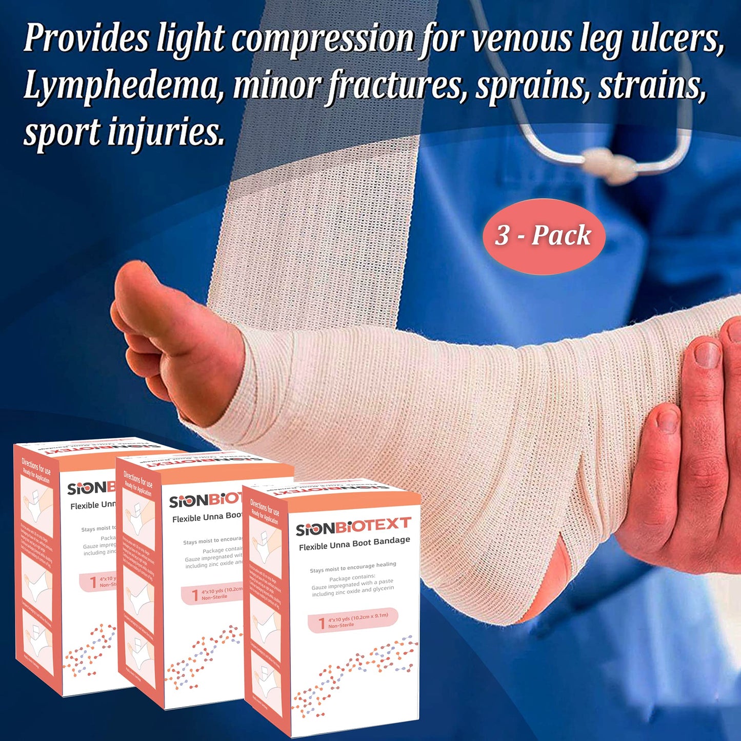 Sion Biotext Unna Boot Zinc Flexible Compression Bandage Maintain Moist Healing Environment Medical Dressing Wrap Gauze EMS First Aid Supplies 4 Inches X 30 Foot Roll