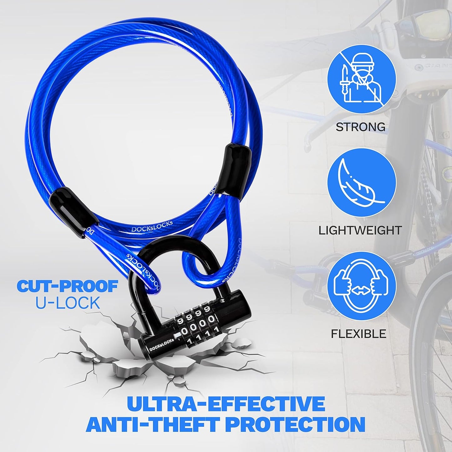 DocksLocks Security Cable Lock Set - Keyless Anti-Theft U-Lock for Bikes & Equipment | Weatherproof, 5ft to 25ft Length