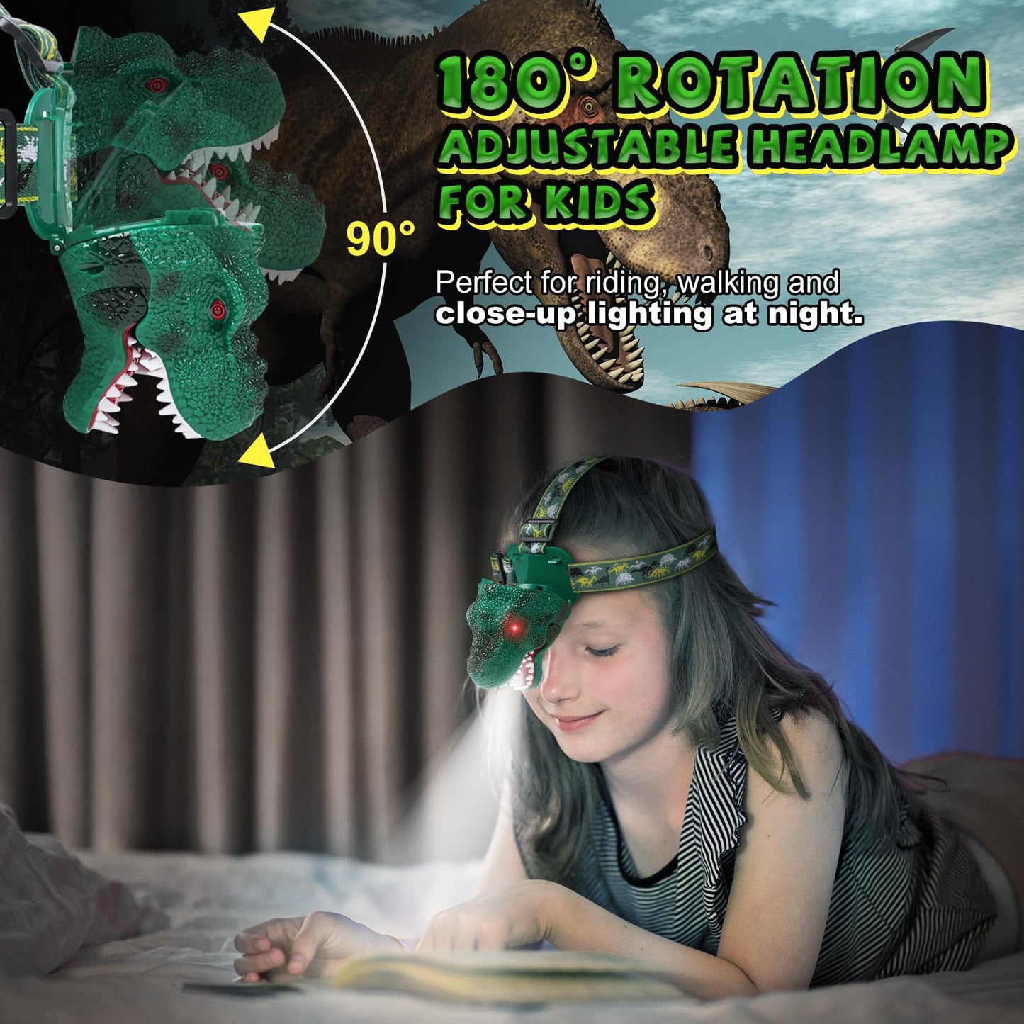 Nitigo Dinosaur Headlamp for Kids Flashlight Rechargeable Led Headlights Roar & Silent Mode, T-Rex Dinosaur Toys, Camping Gear, Gifts for Boys Girls Adults