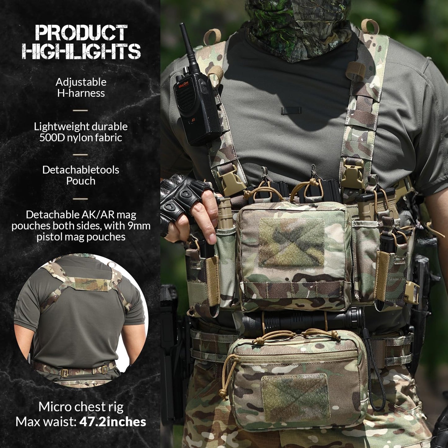 VOTAGOO GEAR Chest Rig-Tactical Chest Rig, Adjustable & Detachable Molle Micro Chest Rigs, with 5.56/7.62 Magazine Pouch, Pistol Pouch