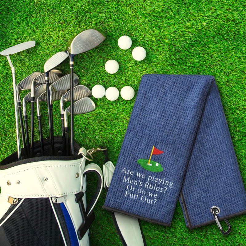 WUUCKOO Are We Playing? Men's Embroidered Navy Putt Out Towel - Funny Golf Towel with Clip for Ladies, Retirement or Birthday Gift