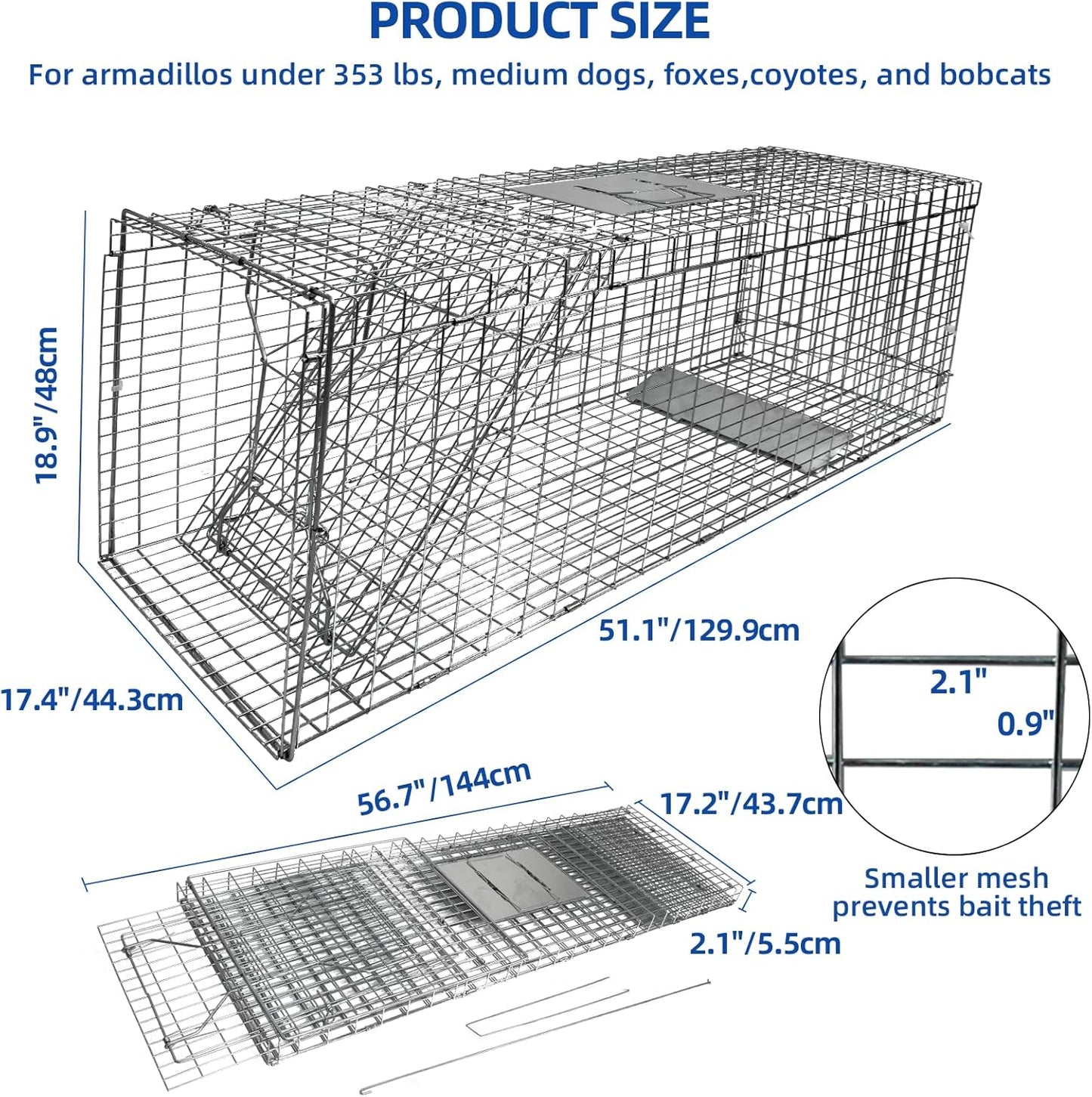 Humane Live Animal Trap Cage - Large Foldable 51.1"x17.4"x18.9" | Powder-Coated Alloy Steel for Raccoon, Fox, Stray Cat & More