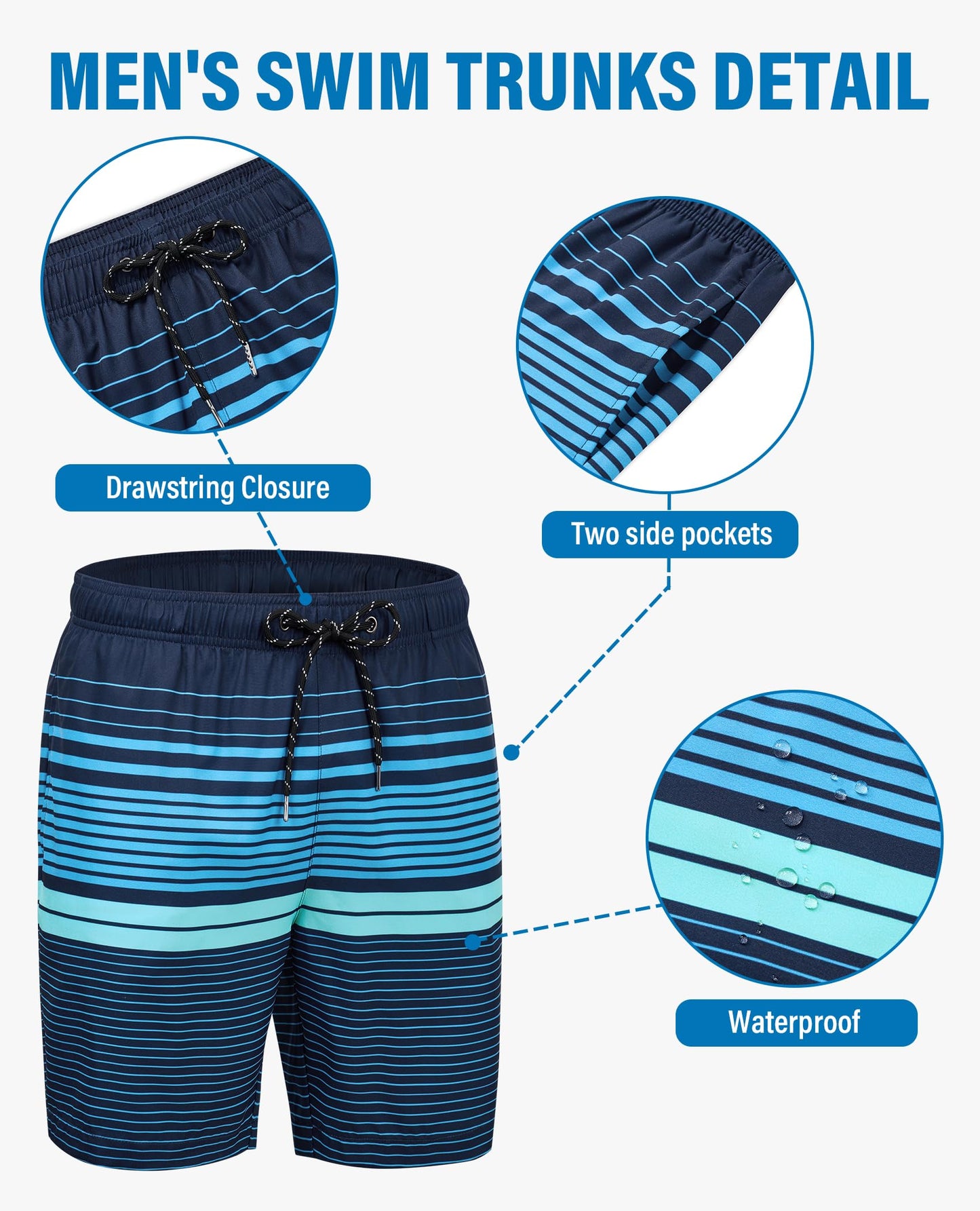 Gleeease Mens Swim Trunks 7 Inch Mens Bathing Suit with Mesh Liner 7 Inch Stretch Quick Dry Lined Pockets Drawstring Funny Beach Swimming Pool Surf Holiday Striped Large Swim Trunks