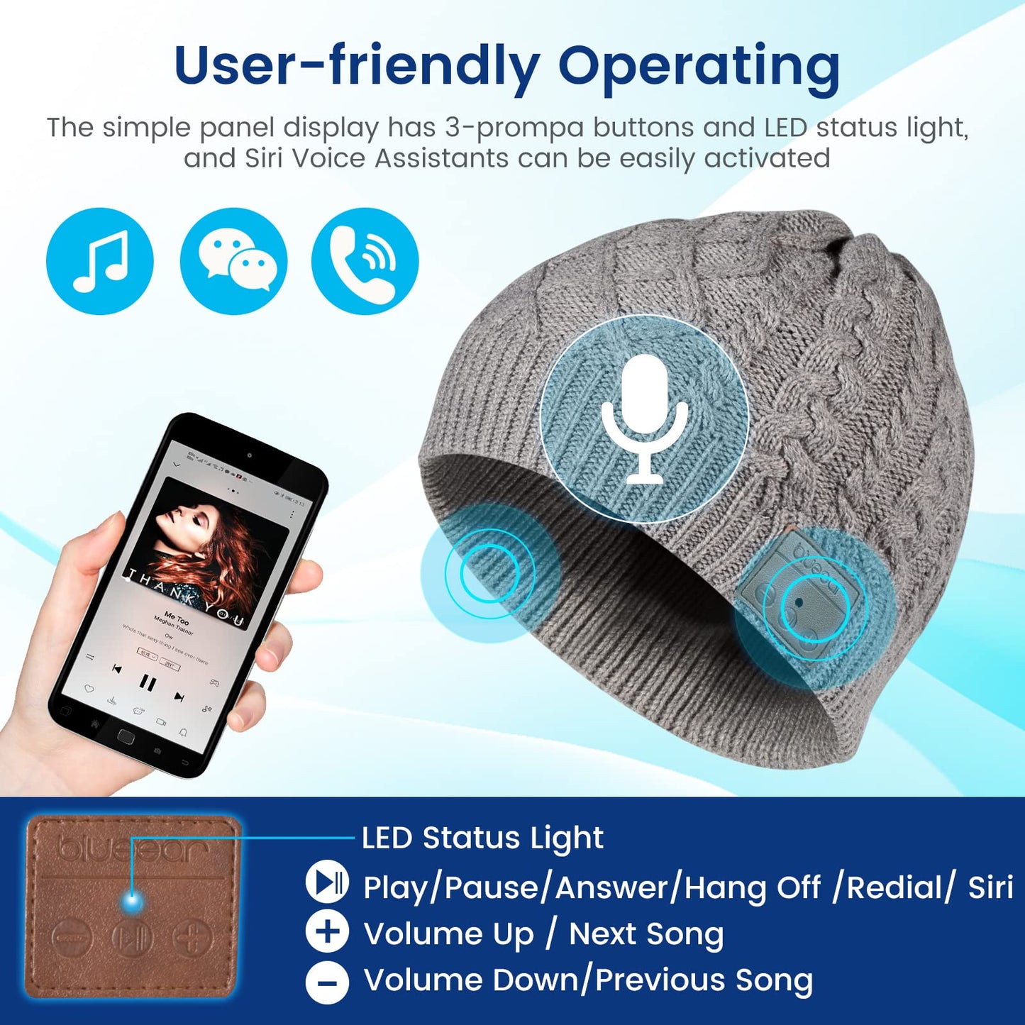 blueear Bluetooth Beanie Hat Bluetooh 5.2 Headphone Wireless Winter Knit Hats with Stereo Speaker and MIC 15 Hours Working Time for Outdoor Sports Grey