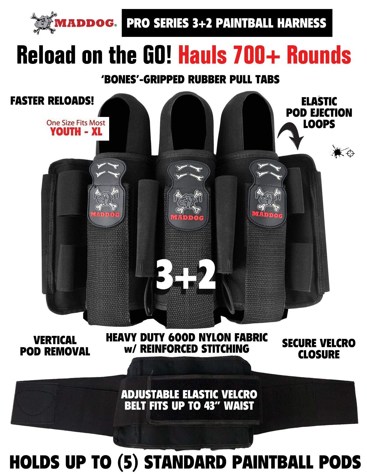 Maddog Pro 3+2 Paintball Harness Pod Pack | Pod Ejection | Adjustable Elastic Velcro Belt