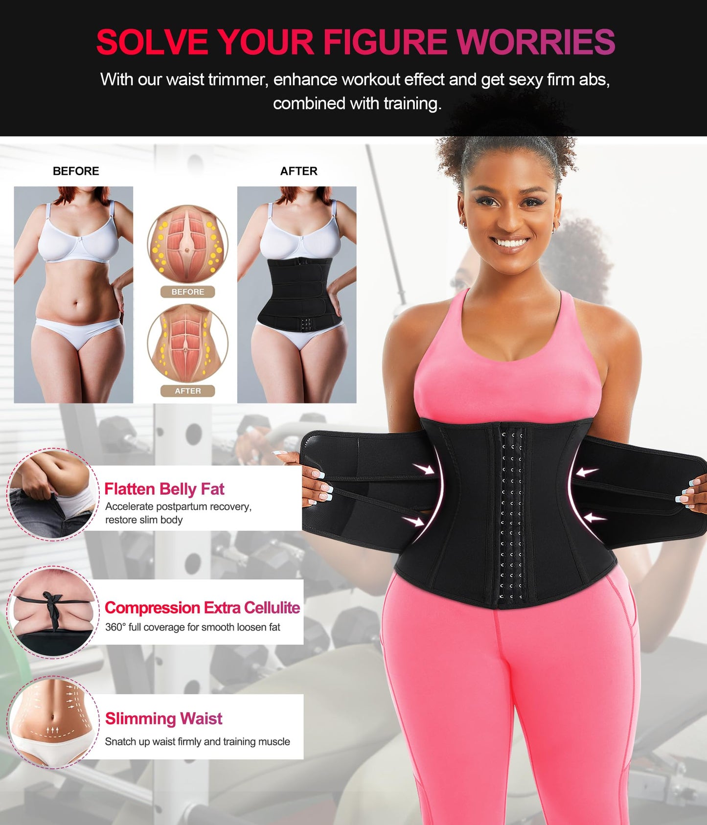 TrainingGirl Women Waist Trainer Cincher Corset Tummy Control Workout Sweat Band Slimmer Belly Belt Weight Loss Sports Girdle (3 Belt Black, XX-Large)