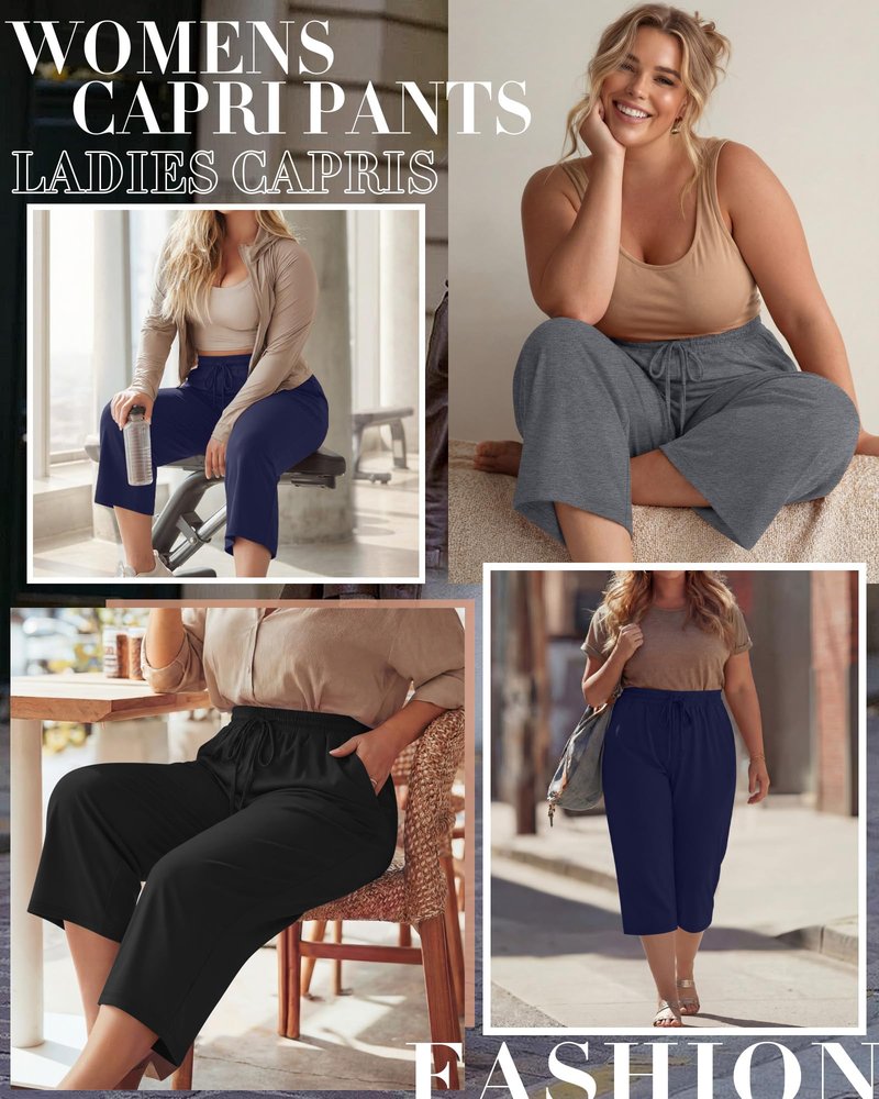 Neer 3 Pack Women's Plus Size Cotton Capris, Stretchy Wide Leg Cropped Pants with Pockets Loose Fit Lounge Pajama Sweatpants(Black, Dark Mix Gray, Navy,3xl)