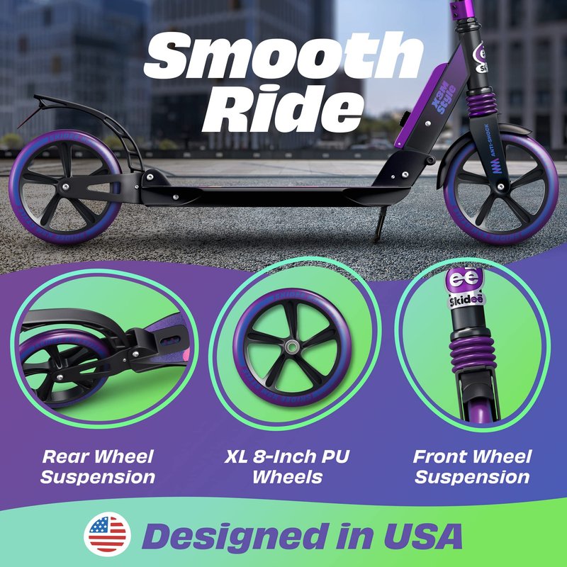 Skidee Kick Scooter for Kids Ages 6+ - Adjustable Handlebar Up to 41" High, Large Wheels, Anti-Shock Suspension - Foldable, Lightweight Scooters for Kids, Teens & Adults, Max Load 220 Lbs