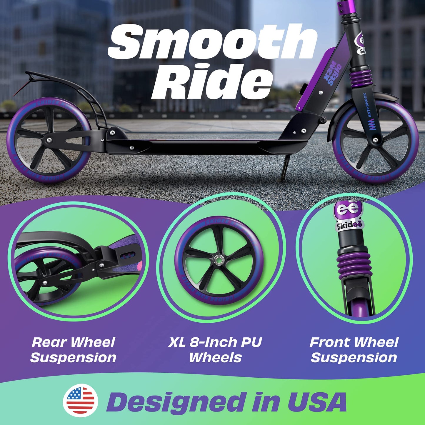Skidee Kick Scooter for Kids Ages 6+ - Adjustable Handlebar Up to 41" High, Large Wheels, Anti-Shock Suspension - Foldable, Lightweight Scooters for Kids, Teens & Adults, Max Load 220 Lbs