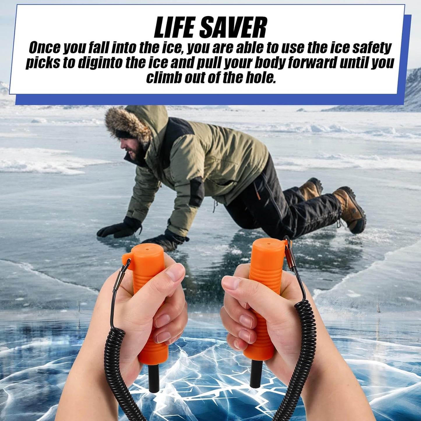 Retractable Ice Awls with Cleats & Whistle - 4 Pcs Winter Fishing Safety Picks | Non-Slip Gripper Spikes