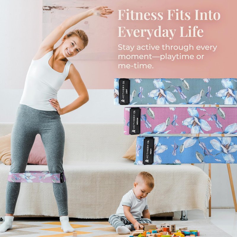 Activery Co. Fabric Resistance Bands for Women – Non-Slip Fitness Tool for Glutes, Legs & Full-Body Training – Ideal for Toning & Recovery – Includes Workout Guide & Travel Bag – 3 Pack (Floral Print)