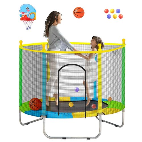 Juoe 5 FT Toddler Trampoline for Kids with Basketball Hoop & Ball, Indoor/Outdoor Rebounder with Enclosure Net, ASTM Approved, Supports Up to 440 lbs，Ideal Gift for Boys & Girls