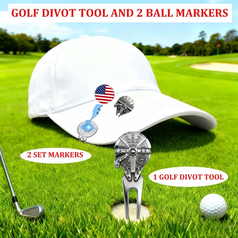 WIGERLON Golf Divot Tool and Ball Marker Set,Divot Repair Tool with Ball Marker(1pcs Divot Tool,2 Set Golf Hat Clip with Enamel Magnetic Ball Marker)