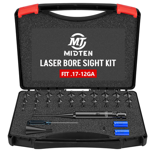 MidTen Laser Bore Sight Kit with Button Switch, Professional Red Laser Bore Sighter with 32 Adapters for 0.17 to 12GA Calibers, Powerful Hunting Equipment