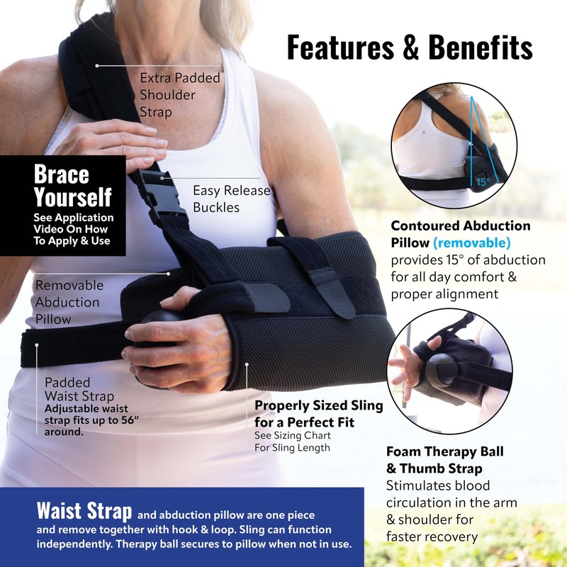 Braceapedia PerfectFit Arm Abduction Shoulder Sling - Arm Sling Shoulder Immobilizer with 15 Degree Pillow & Exercise Ball - Support for Rotator Cuff Injury & Surgery - Black, Large