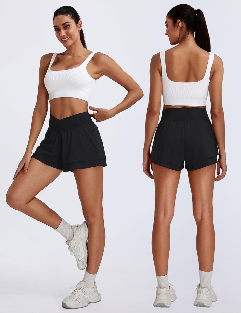 BMJL Womens Athletic Running Shorts High Waisted Crossover Workout Short with Pocket 3"(M,Black)