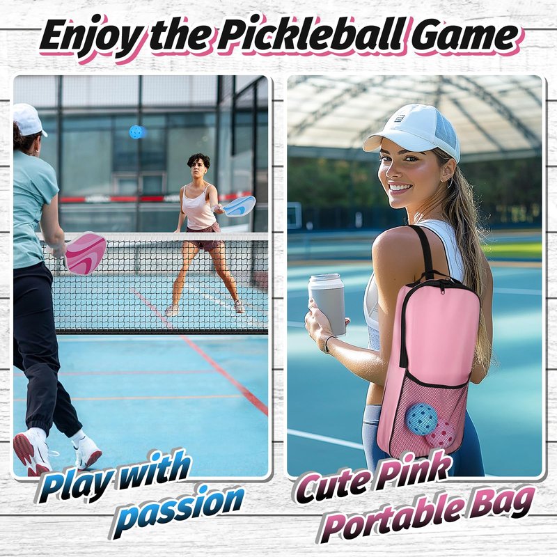 Cute Pickleball Set of 2 Paddles - Pink & Blue Lightweight Pickleball Rackets with 2 Indoor and 2 Outdoor Balls, 1 Portable Bag, for Beginner Youth Women Couple Gift