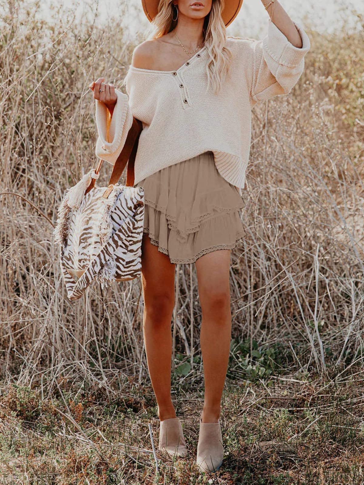 Aoudery Flowy Shorts for Women Casual Boho Ruffle Tiered Skorts High Waist Mini Skirts Golf Tennis Butterfly Crochet Shorts - Khaki XS