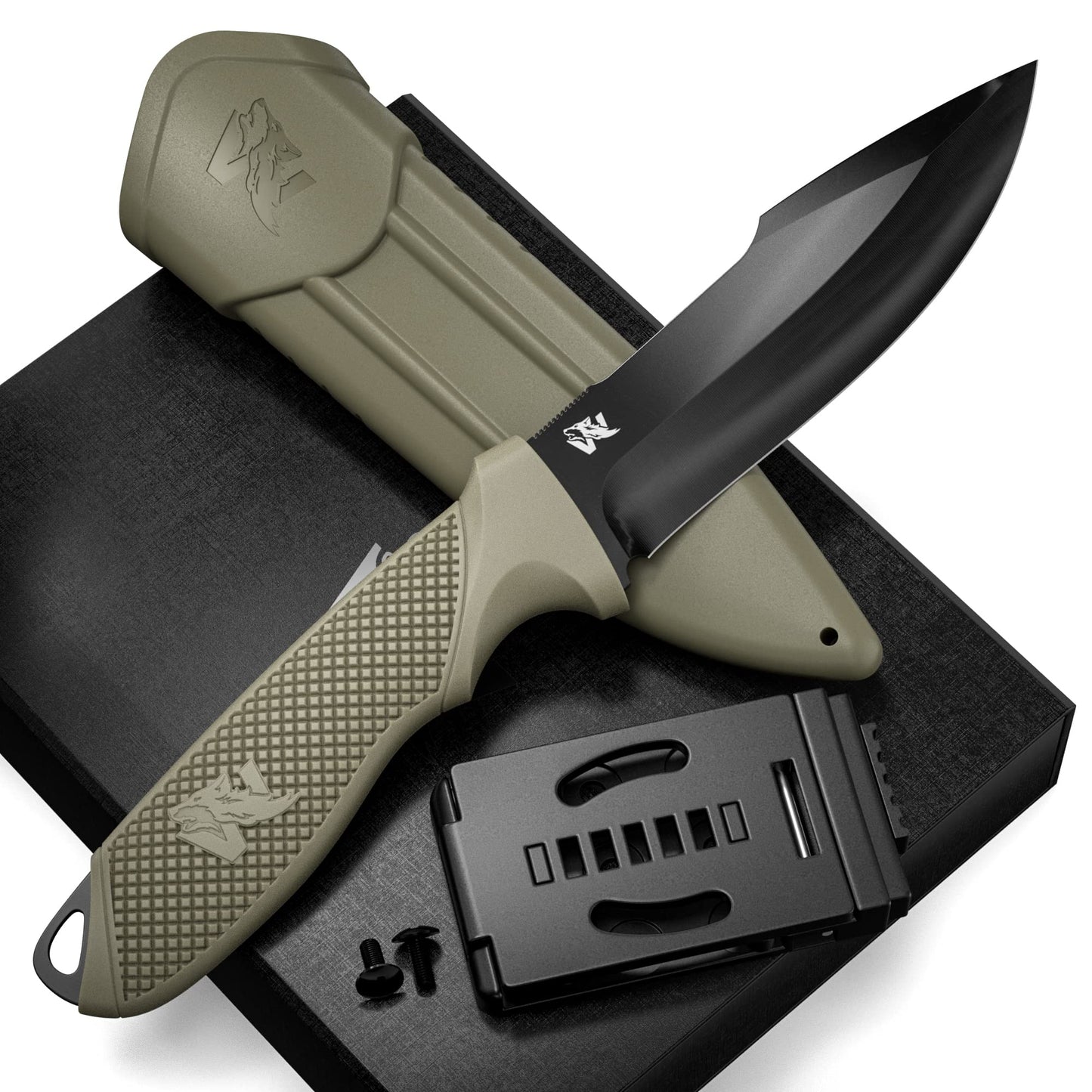 ODENWOLF WOLF-II Full Tang Survival Knife with Sheath and Multi Lok - Strong Tactical Fixed Blade Knife - Made of D2 Steel - Bushcraft and Camping Knife - EDC Outdoor Knife with TPE Handle