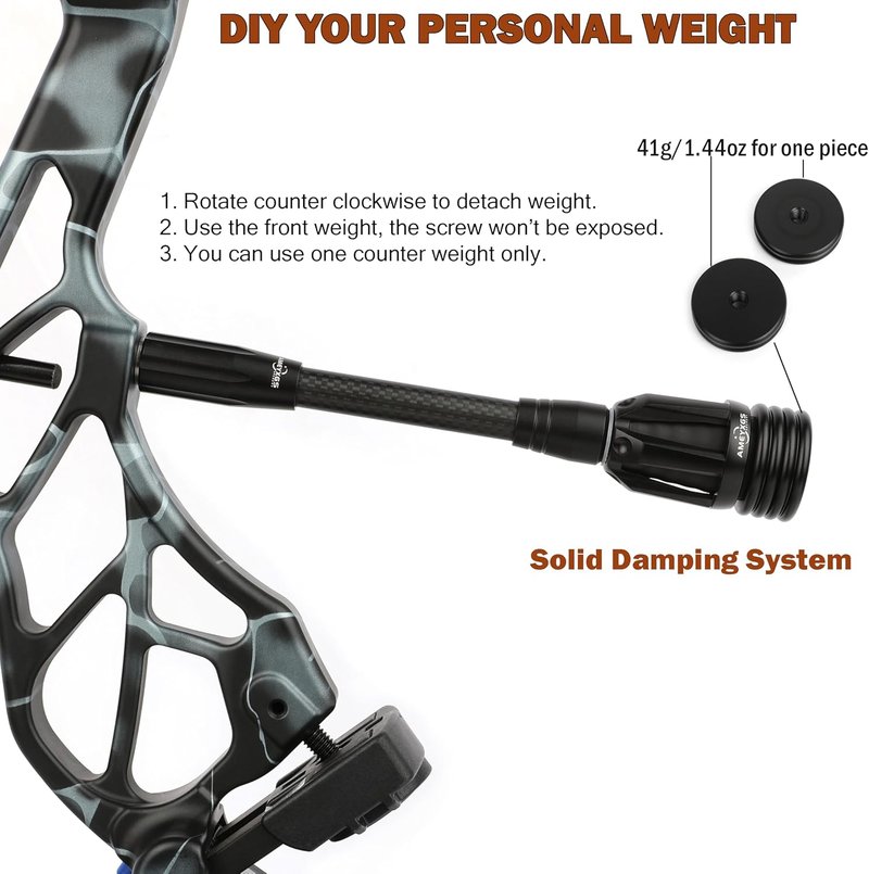 Archery Bow Stabilizer - 3K Carbon Fiber, Flexible Core with Damping System | 6", 8", 10", 12" Options