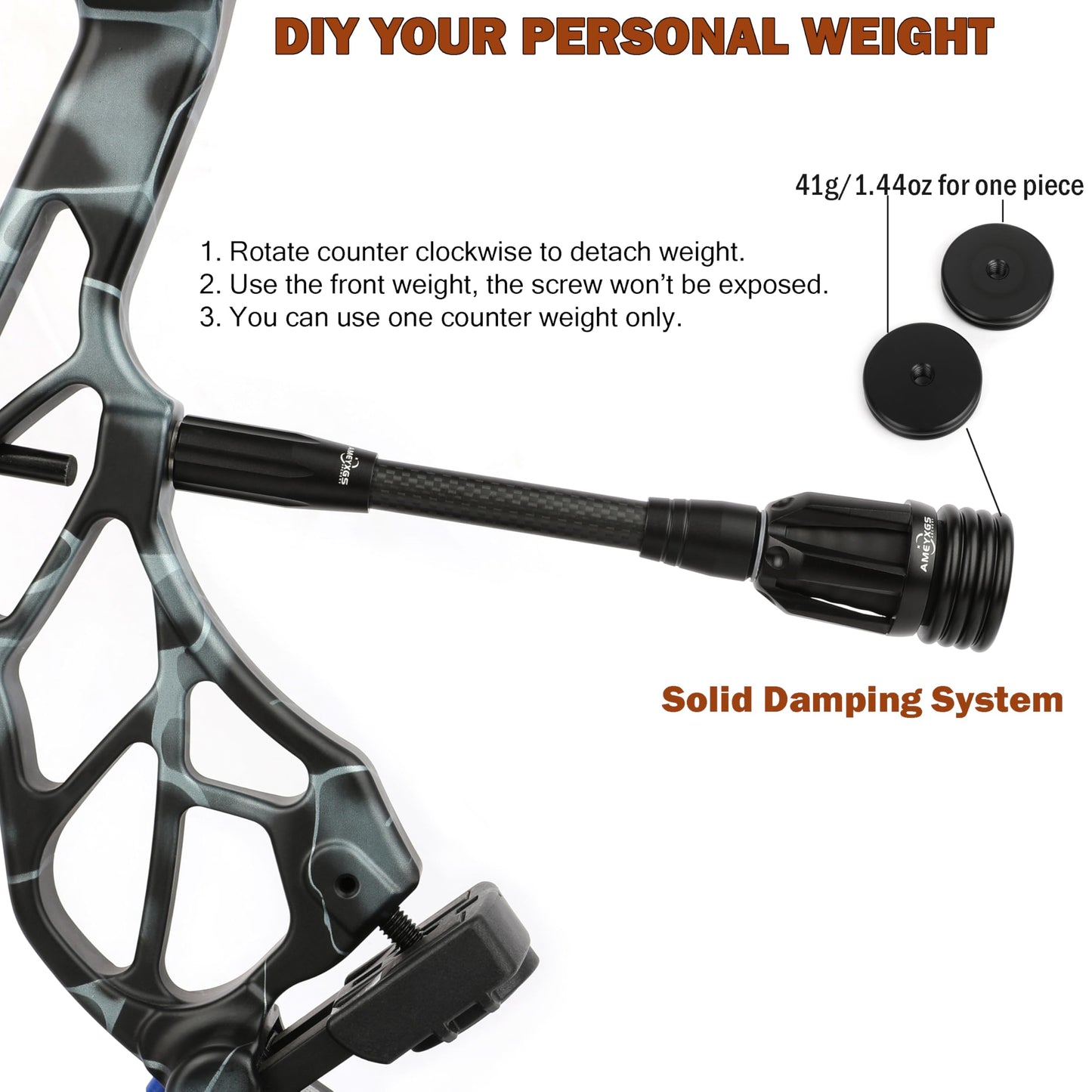 ZSHJGJR Archery Bow Stabilizer 6" 8" 10" 12" for Compound Bow, 3K Carbon Fiber Body Flexible Core, Damping System and Weights Kit (Black, 10 Inch)
