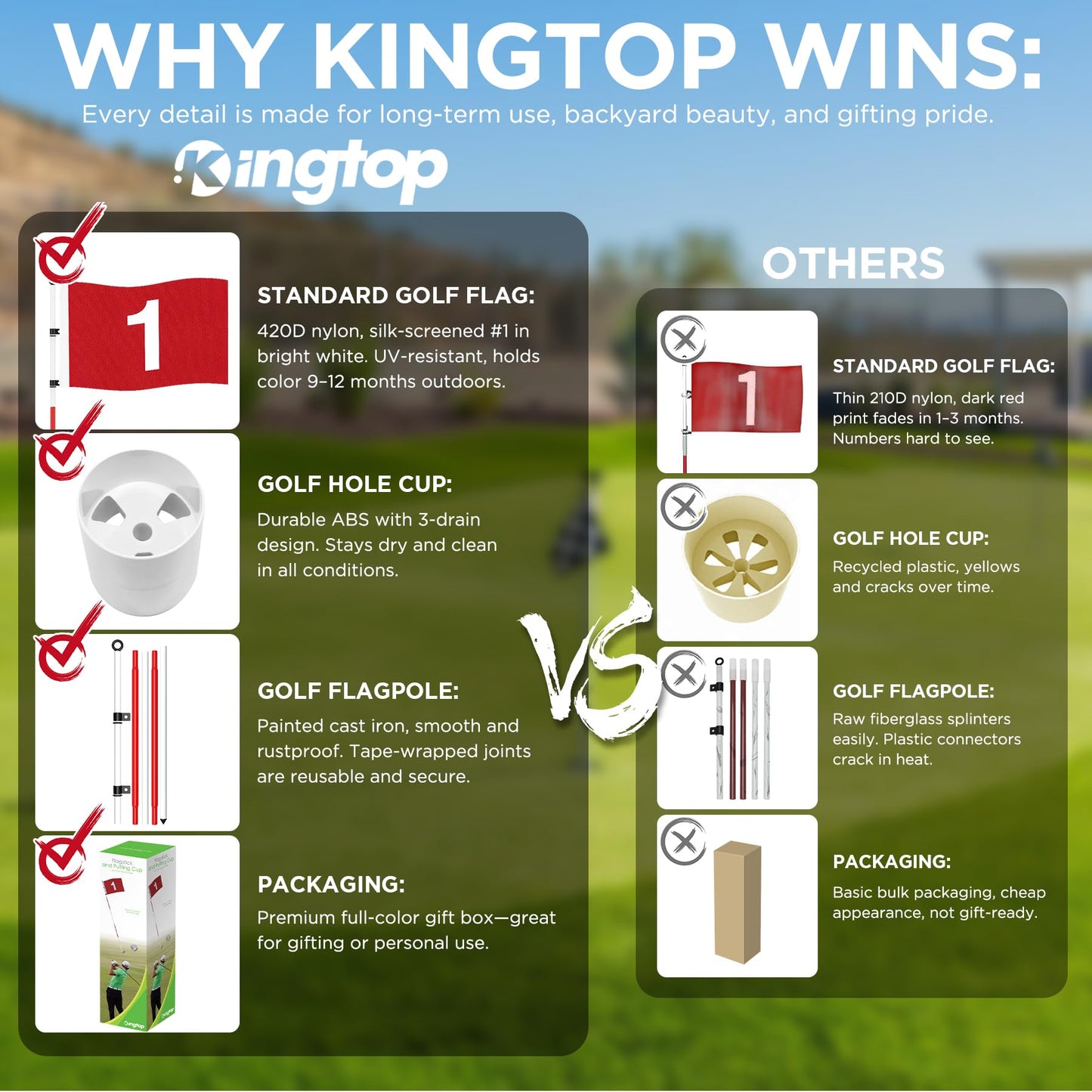 KINGTOP 6ft Golf Flagstick Basic, Portable Five-Section Design for Backyard Practice Putting Green, Driving Range Golf Pin Flag Hole Cup Set, Gift Idea, 1-Pack