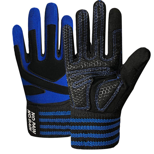 FINGER TEN Weightlifting Workout Gloves Full Finger with Wrist Strap Support, Padded Grip for Weight Lifting Gym Fitness Exercise Training Men Male (Full-Blue, Medium)