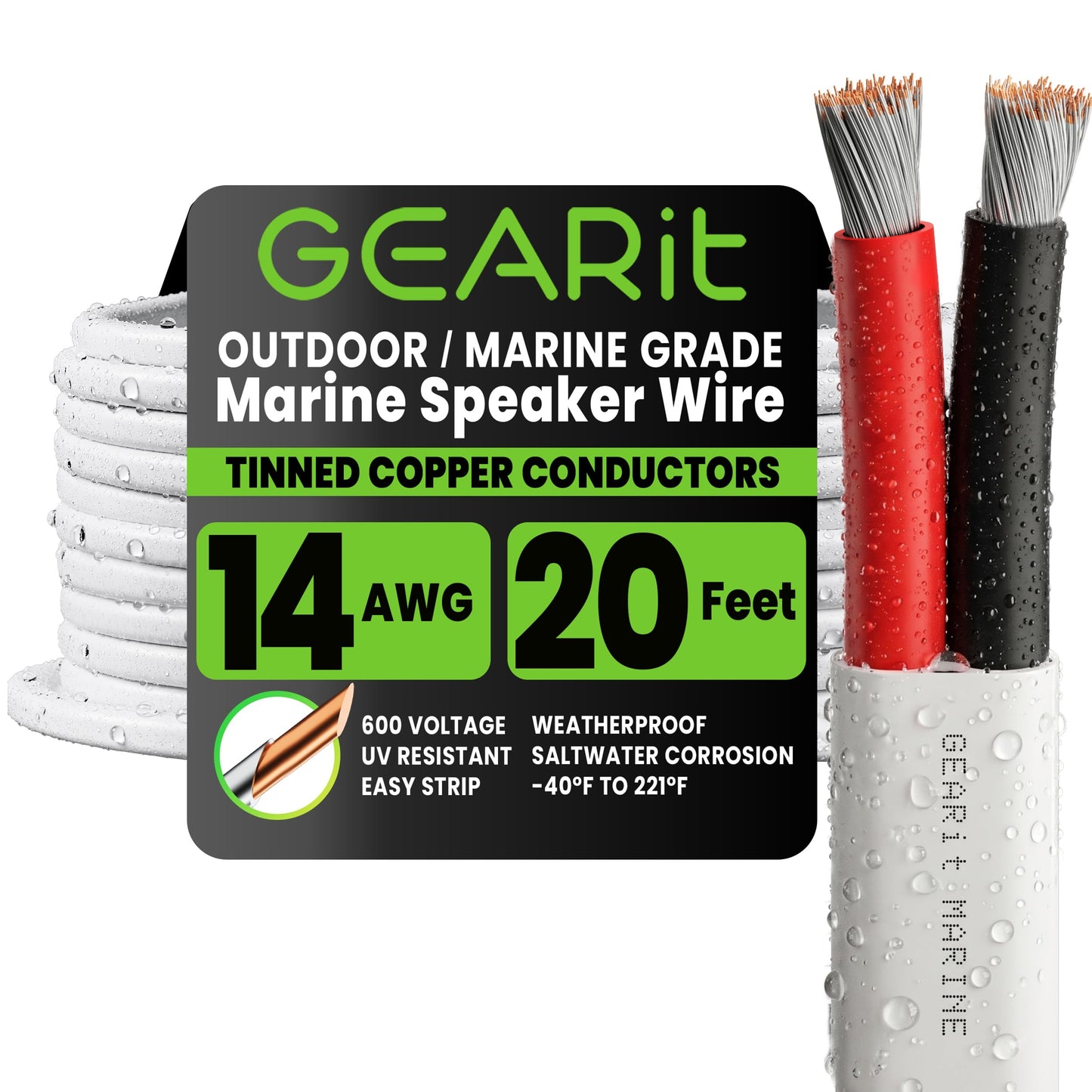 GEARit 14 Gauge Marine Electrical Primary Wire, Marine Speaker Wire 14 AWG 20 ft Marine Grade Tinned Copper Oxygen Free for Boat, Automotive, RV, Camper, Trailer(2 Conductors)