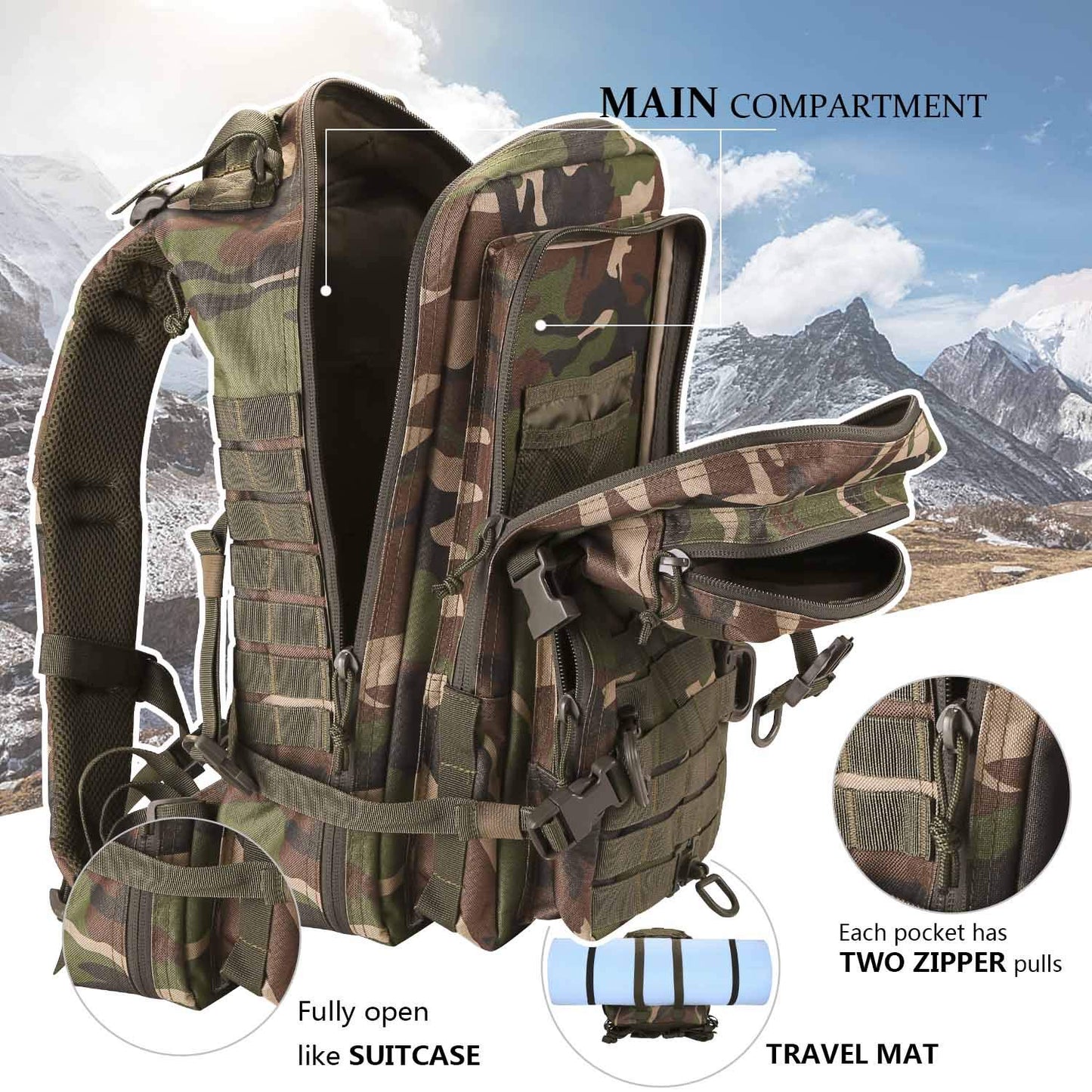 Hannibal Tactical MOLLE Assault Backpack, Tactical Backpack Military Army Camping Rucksack, 3-Day Pack Trip w/Patch, D-Rings, Woodland