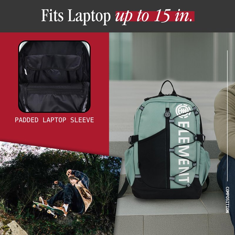 Element Backpack, Vertical Logo Skate Pack, Multi-Compartment Storage, Reflective Bungee Cord, Sage