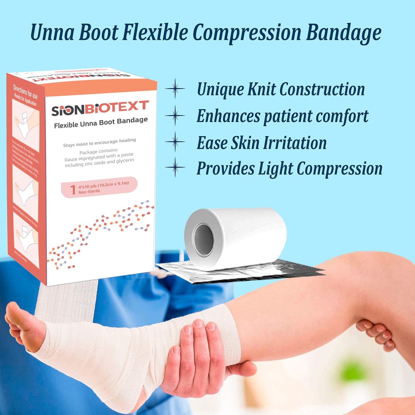 Sion Biotext Unna Boot Zinc Flexible Compression Bandage Maintain Moist Healing Environment Medical Dressing Wrap Gauze EMS First Aid Supplies 4 Inches X 30 Foot Roll
