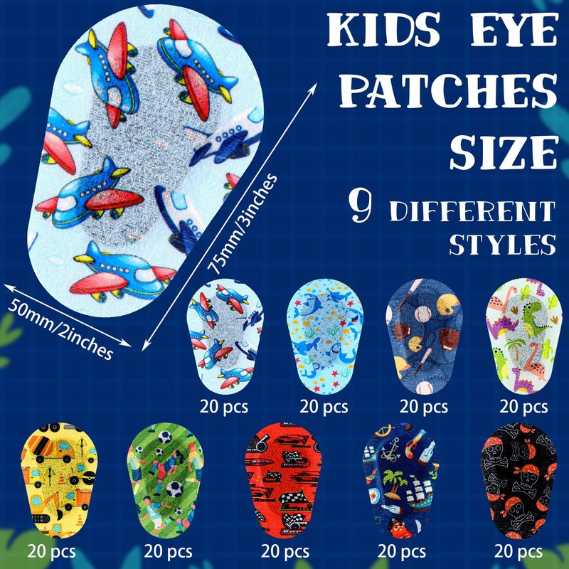 Panelee 180 Pcs Adhesive Eye Patches for Kids Boys 9 Styles Eye Patches Latex Free Eye Pad Bulk Light Blocking Fun Cute Boys Designs Cotton Adhesive Bandages for Boys Toddler